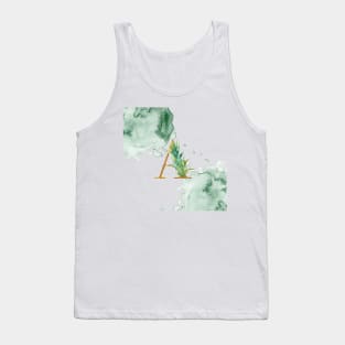 Letter A Gold Monogram with Leaves Green Watercolor Slats Graphic Design Tank Top